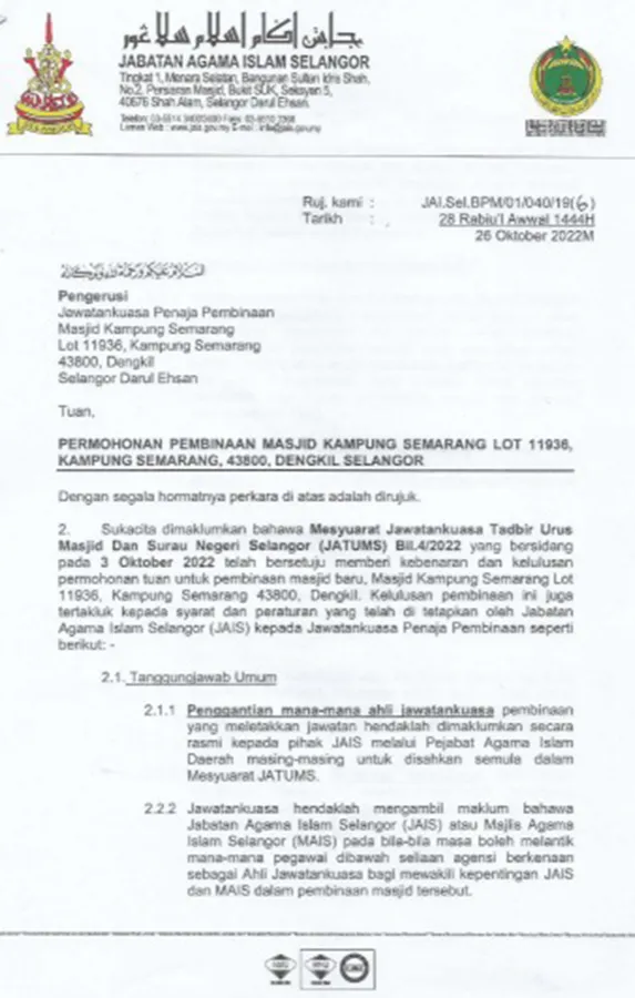 Surat kelulusan pembinaan daripada Jabatan Agama Islam Selangor
