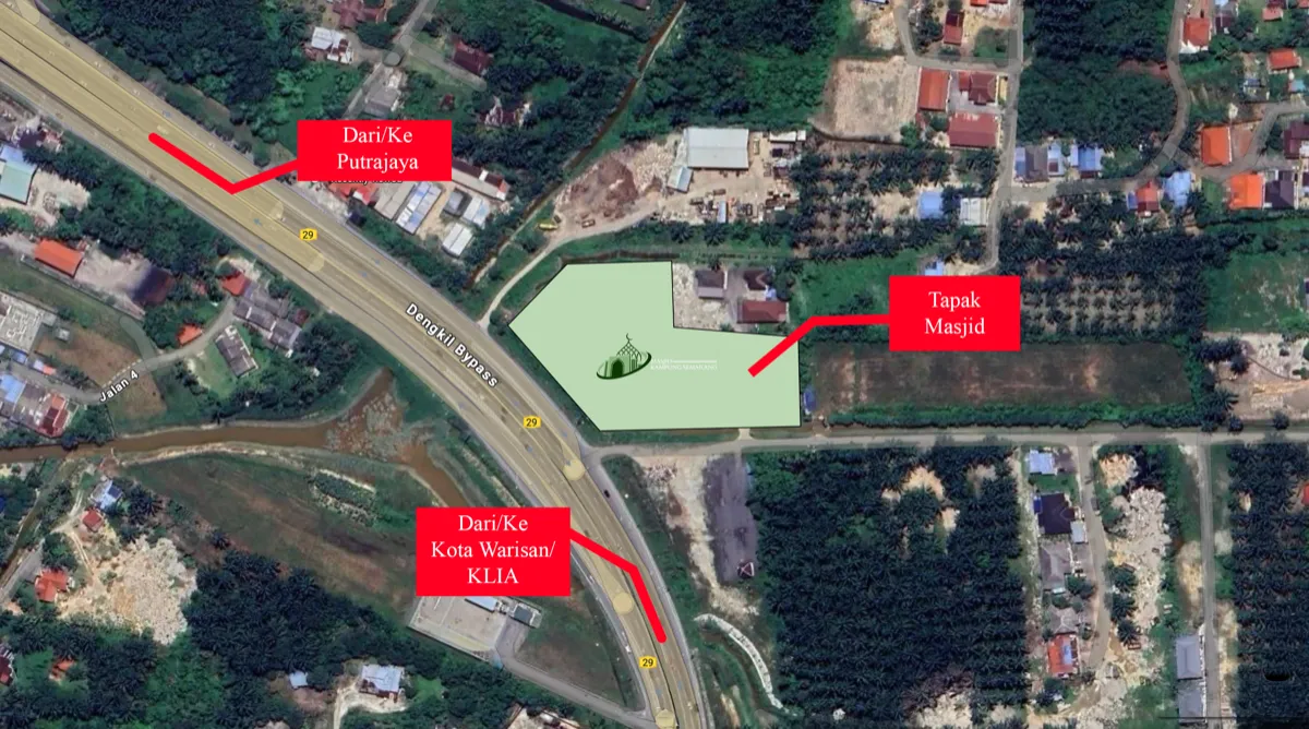 Susun atur tapak masjid dan laluan ke Putrajaya serta KLIA